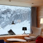 Living Room Zumthor Impressive Living Room Design Of Zumthor Vacation Homes With Colorful Chair And Glass Window With Snow Mountain Scenery House Designs  Simple Wooden Interior From Zumthor Vacation Home 