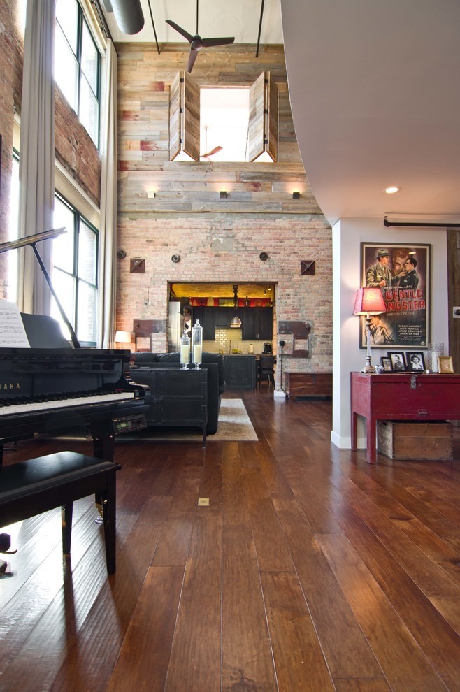 West Loop Design Industrial West Loop Loft Interior Design With Wooden Floor And Exposed Brick Wall Applied Classic Piano With Banch Interior Design  Rustic Interior Design Intended To Make Mild Atmosphere 