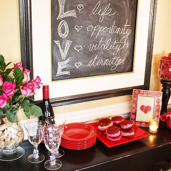 Red Accents Day Interesting Red Accents In Valentines Day Mantel With Glass Flower Vase And Glass Candle Frame Mixed Mural With Quotes Decoration  Valentine Day Mantel Decoration In Stylish Red Color Designs 