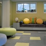 Chatting Room Ottomans Kids Chatting Room With Colorful Ottomans And Long Bench Above The Grey Cheap Carpet Tiles Decoration  Beautiful Cheap Carpet Tiles By Maximizing Styles 