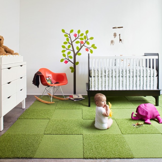 Nursery With Tiles Kids Nursery With Green Carpet Tiles And A Minimalist Crib Near The White Dresser Interior Design  Carpet Tiles With Bright Color For Interior House 