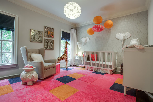 Nursery With And Kids Nursery With White Crib And Grey Sofa Near White Dresser Above Pink Carpet Tiles In Homes House Designs  Carpet Tiles In Homes Interior Decoration 