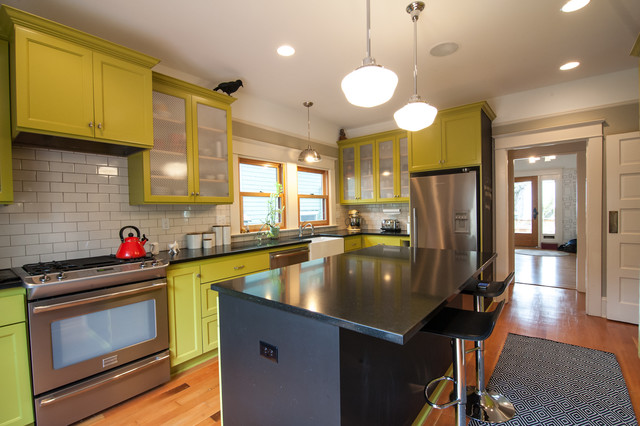 Completed With Kitchen Kitchen Completed With Some Yellow Kitchen Cabinets And Dark Island Under The Bright Lamps Kitchen  Colorful Painted Kitchen Cabinets Of Eclectic Kitchen 
