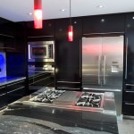 With Dark And Kitchen With Dark Kitchen Cabinets And Grey Tile Backsplash Near The Blue LED Lamps Kitchen  Modern Kitchen Cabinets With Additional Decorations 