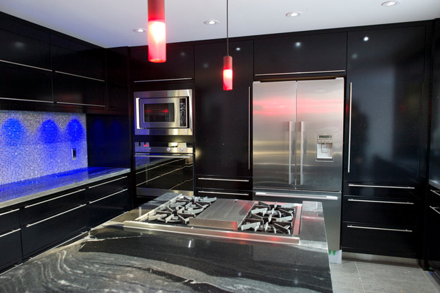 With Dark And Kitchen With Dark Kitchen Cabinets And Grey Tile Backsplash Near The Blue LED Lamps Kitchen  Modern Kitchen Cabinets With Additional Decorations 
