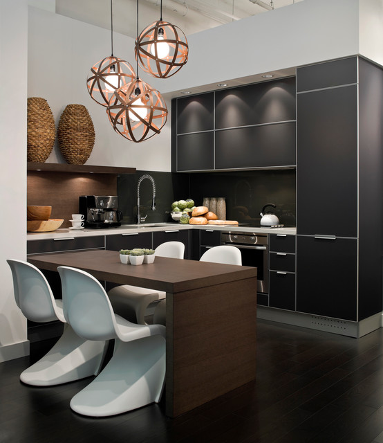 With Dark And Kitchen With Dark Kitchen Cabinets And A Black Backsplash Near The Wooden Counter Kitchen  Modern Kitchen Cabinets With Additional Decorations 
