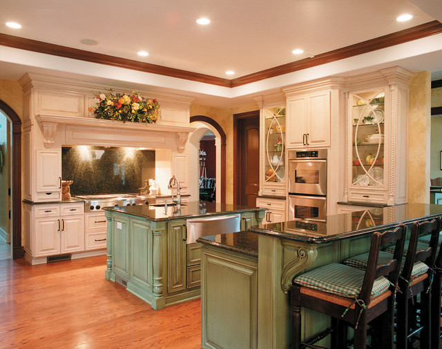 With Green White Kitchen With Green Island And White Kitchen Cabinets Under Bright Lamps Kitchen  Colorful Painted Kitchen Cabinets Of Eclectic Kitchen 