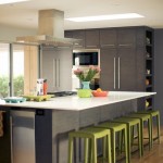 With Grey And Kitchen With Grey Kitchen Cabinets And Long Grey Island Near The Green Stools On Wooden Floor Kitchen  Kitchen Cabinet Ideas With Brown Decorations 