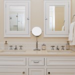 In The White Lamps In The Bathroom With White Vanity And White Sinks Under Mirrored Bathroom Wall Cabinets Bathroom  Bathroom Wall Cabinets With Bright Color Accent 