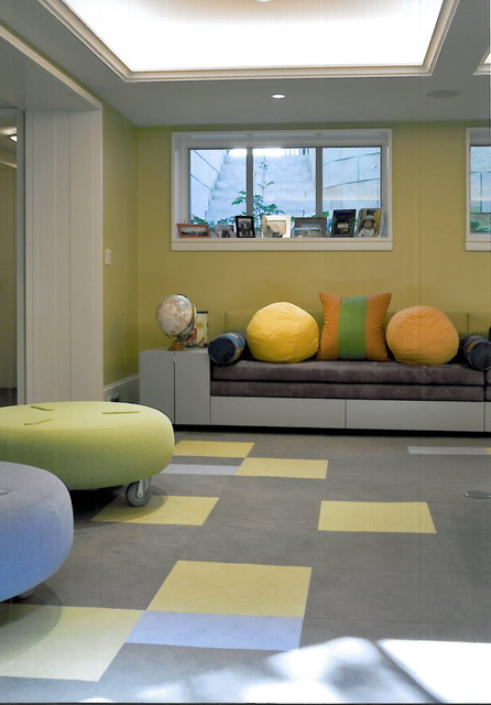 Bench In Chat Long Bench In The Kids Chat Room Above The Grey And Yellow Carpet Tiles Interior Design  Carpet Tiles With Bright Color For Interior House 