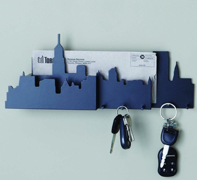 Blue Wall Using Long Blue Wall Key Holder Using City Shape On The Grey Concrete Wall For Interesting House Interior Decoration  Key Holder Designs For Your Complete Excitement 