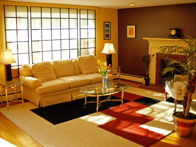 Sofa In Room Long Sofa In The Living Room With Brick Fireplace And Wide Carpet Tiles Near It Interior Design  Carpet Tiles With Bright Color For Interior House 