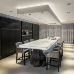 And Spacious Dining Long And Spacious Kitchen And Dining Room Area Of Rotterdam Residence With Low False Ceiiling And Cove Lighting System House Designs  Contemporary Villa Interior With Sophisticated Chic Design 