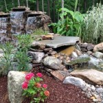 Backyard Design Waterfall Lovely Backyard Design Including Artificial Waterfall On Stoney Pond Completed With Flowers And Trees On Rough Ground Garden  Backyard Garden Waterfalls As Beautiful Garden Landscaping 