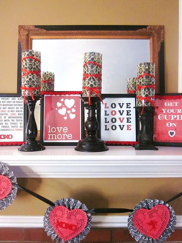Mantel With Ideas Lovely Mantel With White Painting Ideas Mixed Charming Candle Cloth And Colorful Picture Frames With Quotes Above It Decoration  Valentine Day Mantel Decoration In Stylish Red Color Designs 