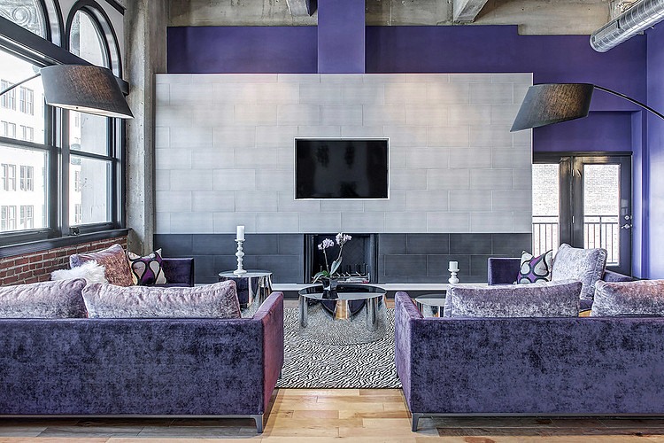 Purple Sofas Round Lovely Purple Sofas And Mirrored Round Tables In Downtown Penthouse Loft Sk Interiors Living Room With Grey Fireplace Interior Design  Penthouse Interior Involving Delicate Interior Design 
