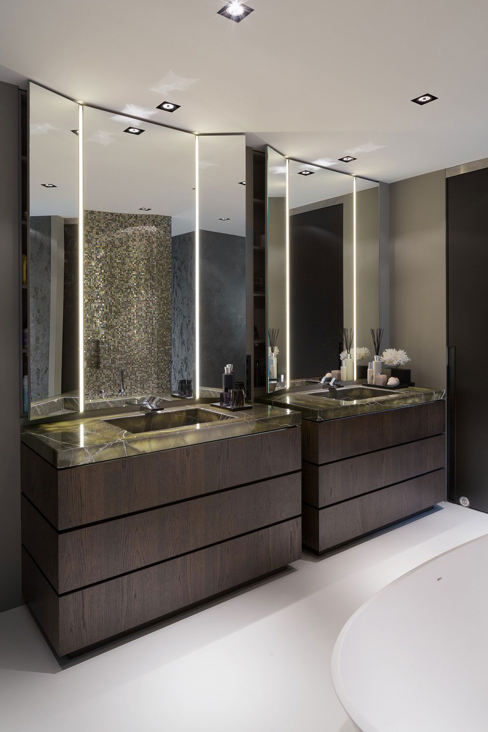 Double Vanity Sinks Luxurious Double Vanity With Double Sinks And Bay Style Folding Mirrors As Another Main Feature Of Rotterdam Residence Bathroom House Designs  Contemporary Villa Interior With Sophisticated Chic Design 