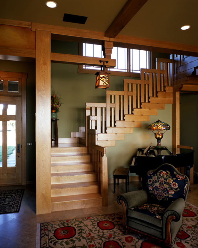 Modern Wooden Craftsman Magnificent Modern Wooden Style Staircase Craftsman Style Interior Equipped With Wooden Flooring Unit And Red Rug Design Interior Design  Craftsman Style Interiors For Home Inspiration 