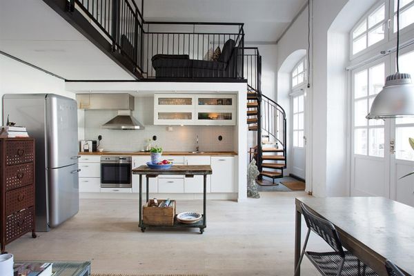 Pantry Decor Loft Magnificent Pantry Decor In Industrial Loft House Including Refrigerator Beside Wooden Cabinet And Table Also Chairs Under Pendant Light House Designs  Industrial Loft Interior Enlivening Charm Of Small Nordic Home 