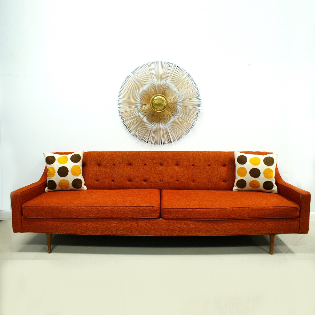 Unique Wall Modern Magnificent Unique Wall Decor Ideas Modern Minimalist Orange Sofa Splash Color Cushion With Polka Dot Cushion Furniture  Amazing Orange Sofa For Innovative House 