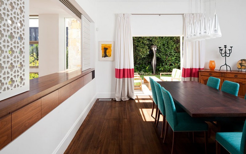 Honiton Residence Using Marvelous Honiton Residence Dining Table Using Wooden Table Green Futuristic Chairs Wooden Countertop Red And White Curtain Residence Luxurious Contemporary Home In Australia With A Stylish Design