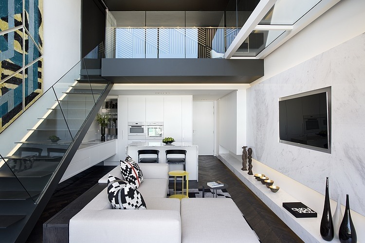 Living Room De Mesmerizing Living Room Decor In De Waterkant Saota Residence Including Wide Screen TV On Wall Also Black And White Small Pillows On Sofas House Designs  Artistic Interior With Elegant House Appearance In Africa 