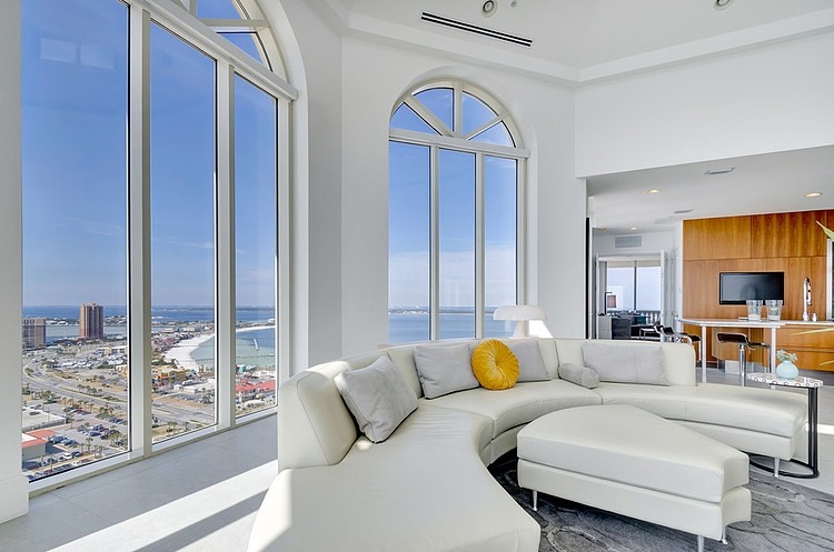 Living Room Florida Mesmerizing Living Room Decor In Florida Beach Club Penthouse Including White Pillows In Curvy Arrangement Near Wide Glass Bay Windows On Wall Interior Design  Contemporary Penthouse Offering Beach And Cityscape Horizon 