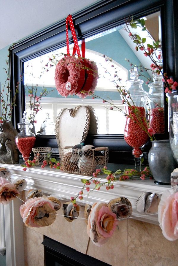 Pink Wreath Accessories Mesmerizing Pink Wreath And Chic Accessories Of Valentines Day Mantel Decor Idea Completed Big Mirror On Wall Decoration  Valentine Day Mantel Decoration In Stylish Red Color Designs 