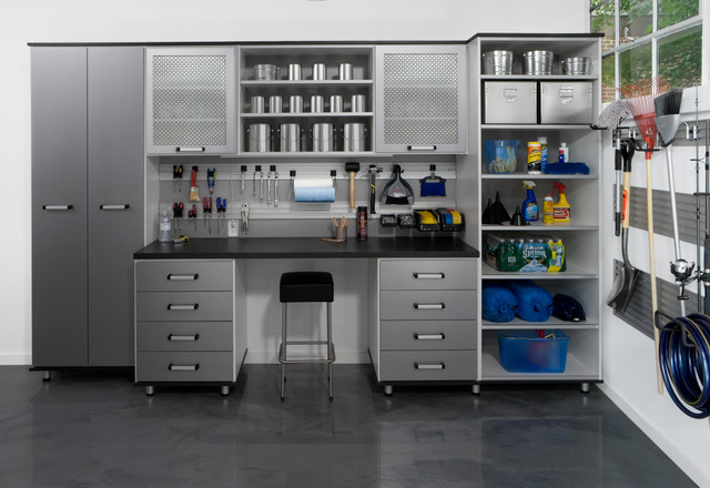Garage Storage Against Metallic Garage Storage Cabinets Installed Against Wall With Hanging Racks And Open Shelving For Tools Furniture  Stylish Garage Storage Cabinets From Adorable Garage 