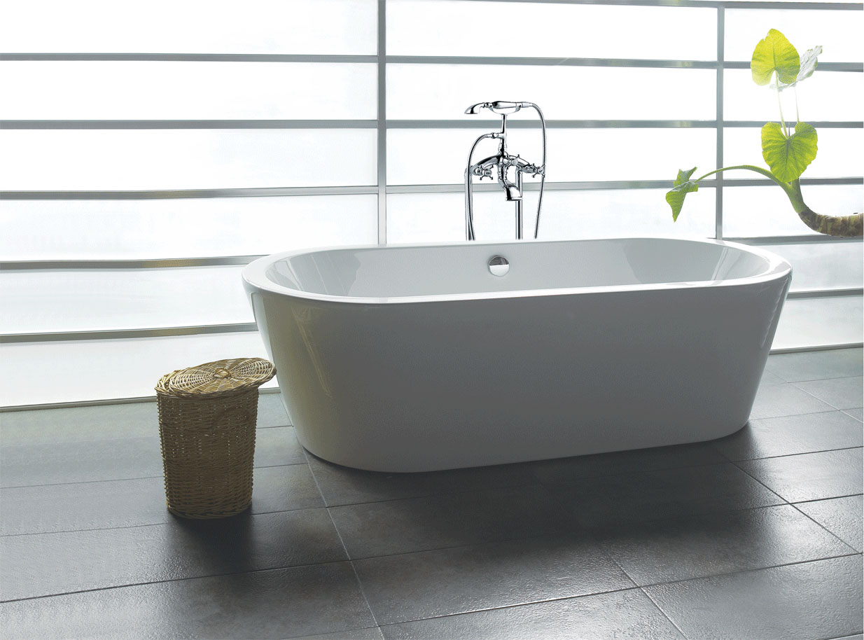 Free Standing Decorated Minimalist Free Standing Bath Tubs Decorated With White Modern Style And Concrete Tile Flooring And Small Wooden Table Bathroom Free Standing Bath Tubs With Gorgeous Design And Style