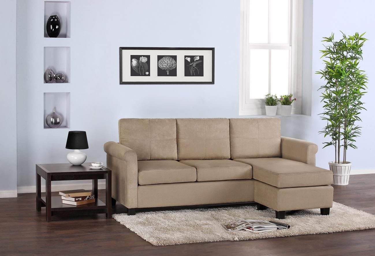 Living Room Great Minimalist Living Room Design With Great Small Sectional Sofa With Beige Color Decoration In Wooden Flooring And White Wall Interior Decor Furniture  Small Sectional Sofa For Homey Relaxation 