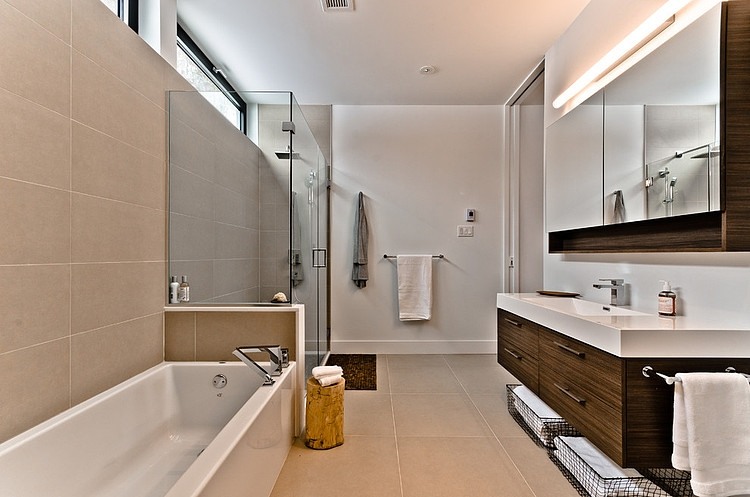 Style Bathroom In Minimalist Style Bathroom With Built In White Rectangular Tub And Shower Unit With Glass Walling Completed With Floating Wooden Vanity Decoration  Simple Home Design With Comfortable Sensation 