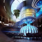 Water Discus With Miracles Water Discus Interior Design With Futuristic Shining Center Curving Pillars Surrounded By Chrome Folding Chairs With Elegant Ceiling Decoration  Stunning Undersea Hotel Project In Unbelievable Design 