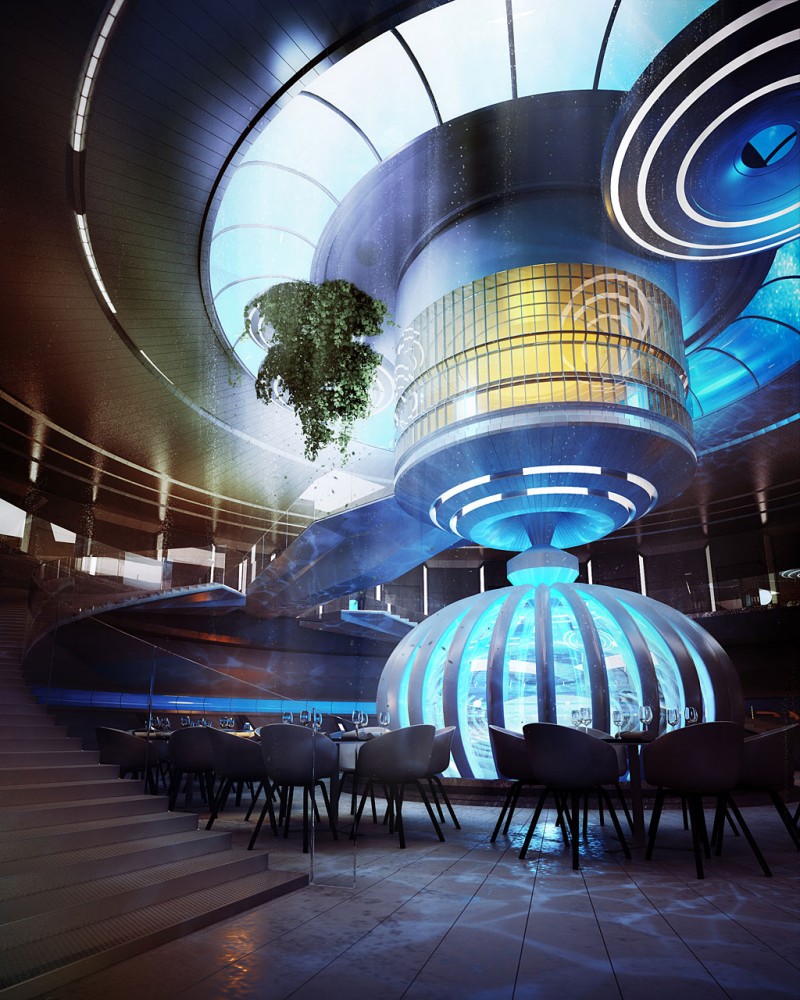Water Discus With Miracles Water Discus Interior Design With Futuristic Shining Center Curving Pillars Surrounded By Chrome Folding Chairs With Elegant Ceiling Decoration  Stunning Undersea Hotel Project In Unbelievable Design 