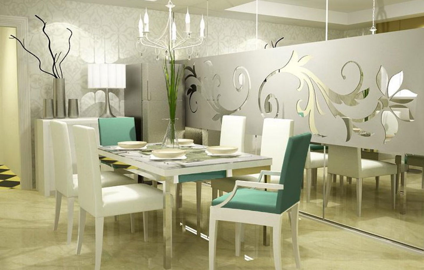 Dining Room Wall Modern Dining Room With Mirrored Wall Panel Idea Feat White Chandelier Also Glass Table Design Plus Comfy Upholstered Chairs Dining Room Modern Dining Room In Stylish And Artistic Design