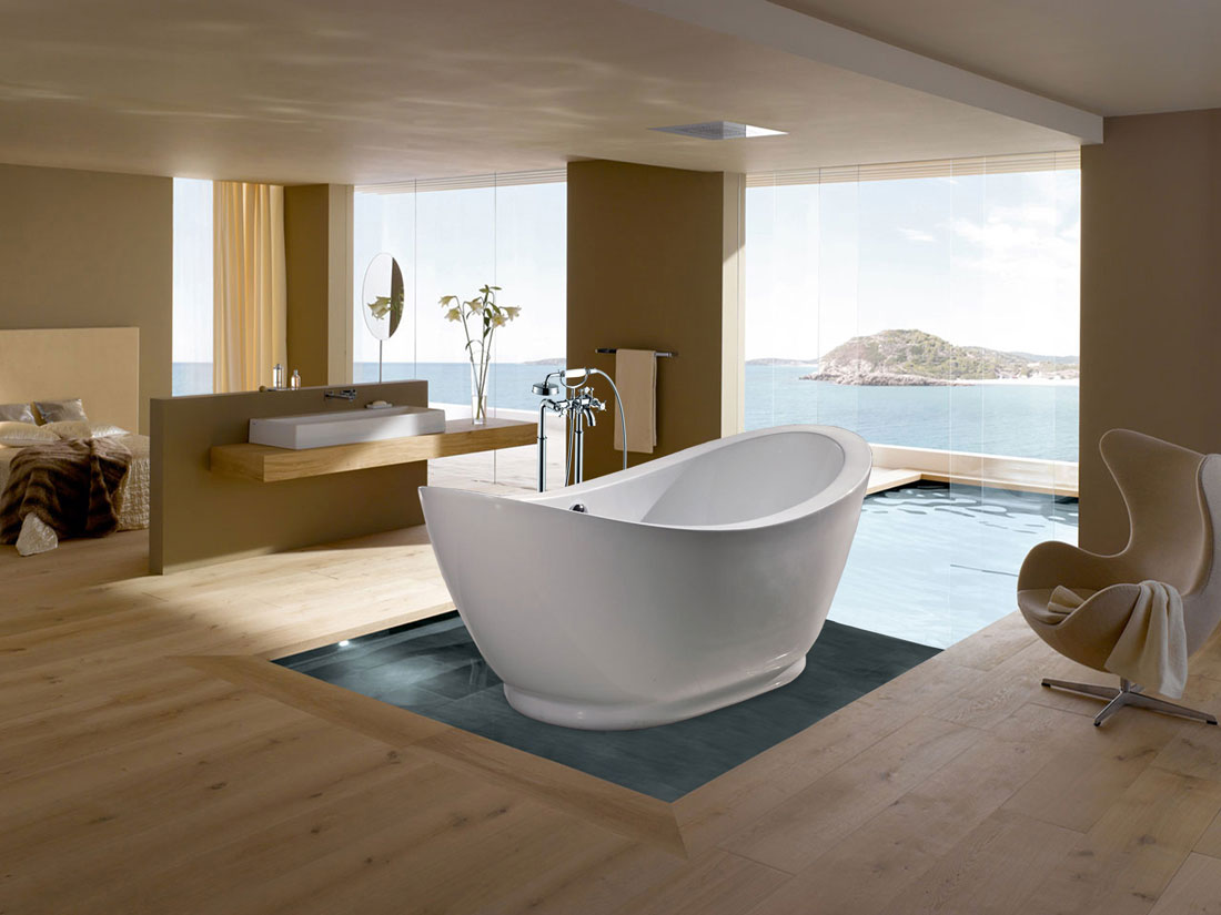 Free Standing Design Modern Free Standing Bath Tubs Design In White Color Combined With Wooden Flooring And Small Private Pool Ideas Bathroom Free Standing Bath Tubs With Gorgeous Design And Style