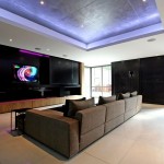 Media Room Modern Modern Media Room Ideas With Modern Grey Sofa And Purple LED Lighting Design Using Concrete Floor Design Inspiration Media Room Ideas For A Small Space And Budget