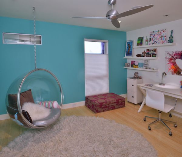 Teenage Room With Modern Teenage Room Design Interior With Bubble Hanging Chair And Grey Rug On White Oak Floor And Blue Painted Wall Decoration  Indoor Hanging Chair For Relaxation Time And Room Decoration 