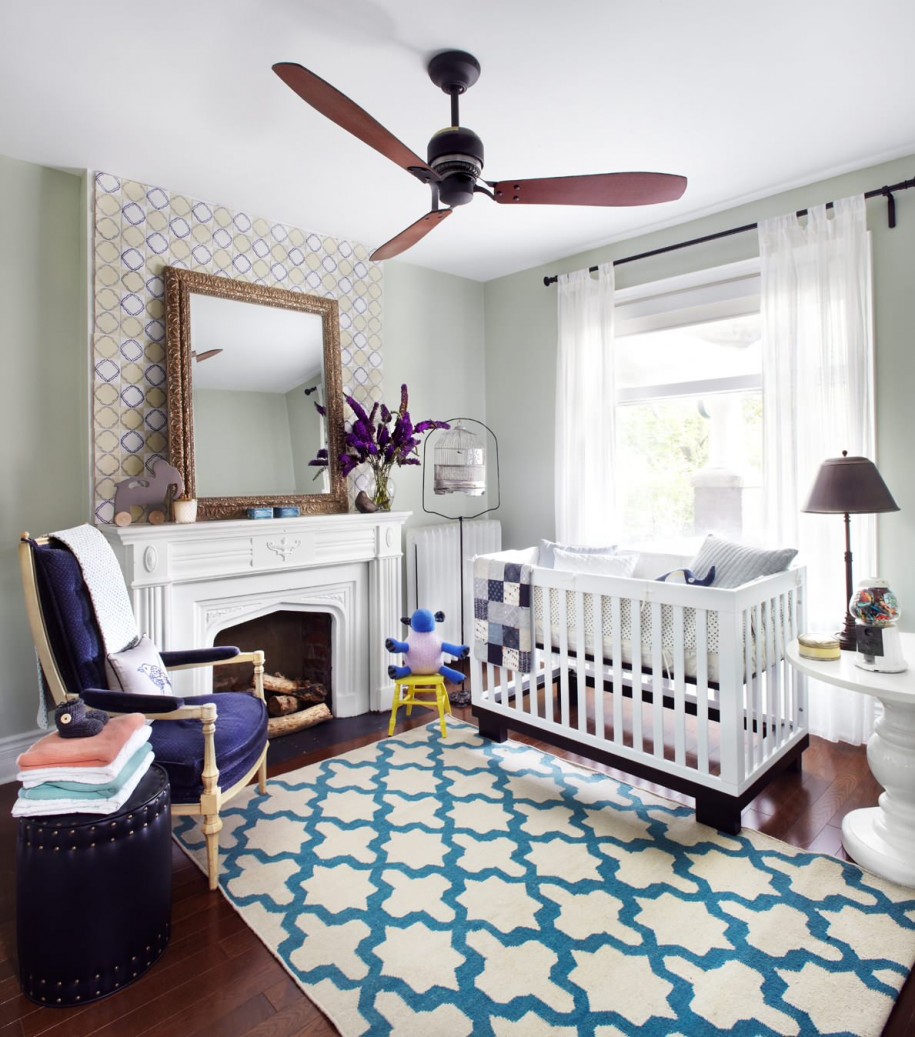 Room Interior White Nursery Room Interior Decorated With White Baby Crib And Fireplace Completed With Contemporary Ceiling Fans Furniture Contemporary Ceiling Fans And The Lifestyle Of Urban Living