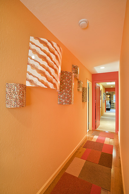 Wall And Inside Orange Wall And Orange Ceiling Inside The Hall With Pastel Carpet Tiles And Unique Ornaments Interior Design  Carpet Tiles With Bright Color For Interior House 