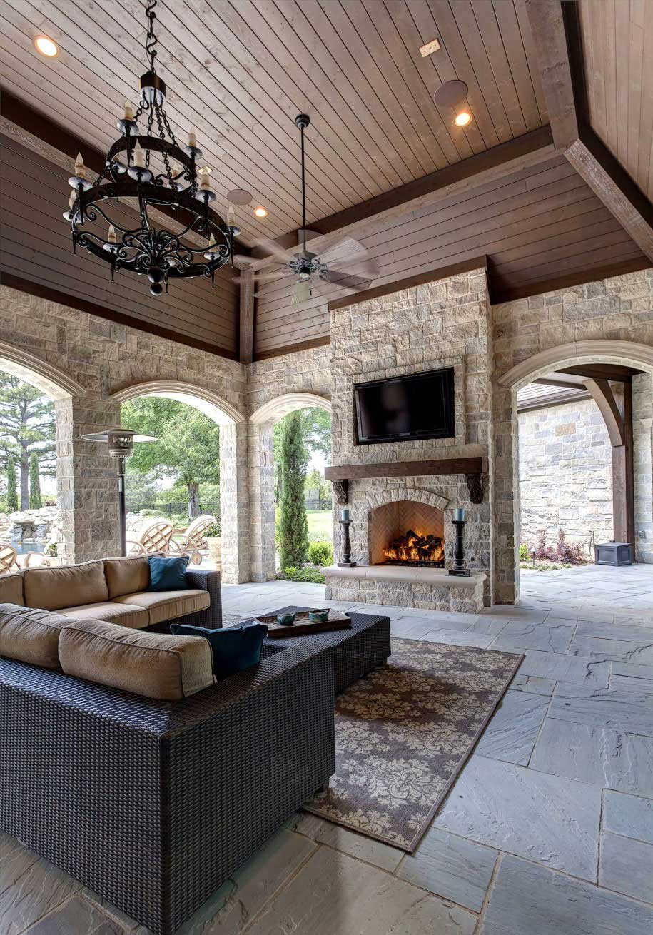 Area With Space Outdoor Area With Small Living Space Using Wicker Sofa And Stone Fireplace Ideas And Rustic Chandelier With Contemporary Ceiling Fans Furniture Contemporary Ceiling Fans And The Lifestyle Of Urban Living