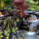 Open Space Backyard Outstanding Open Space Lounge At Backyard Area Including Waterfall Firepit On Stoney Ground Also Chair With Red Seat Near Fireplace Garden  Backyard Garden Waterfalls As Beautiful Garden Landscaping 