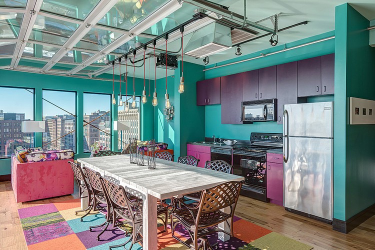 Combination Of Inside Perfect Combination Of The Colors Inside Downtown Penthouse Loft Sk Interiors With Colorful Carpet And Pink Sofa Interior Design  Penthouse Interior Involving Delicate Interior Design 