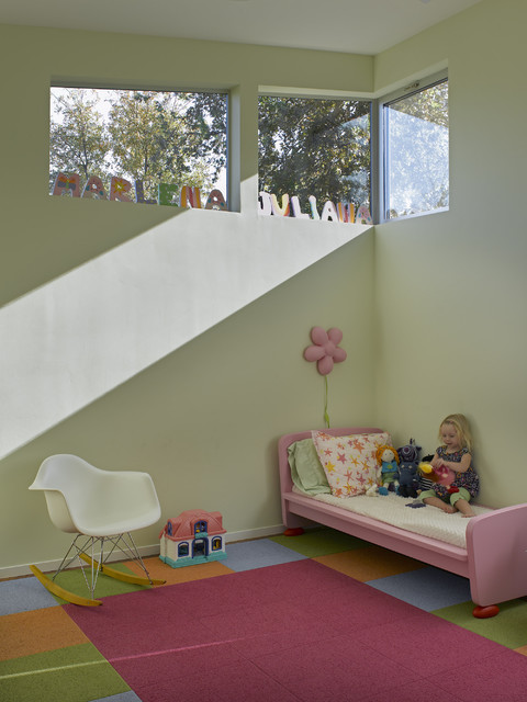 Bed For Room Pink Bed For The Kids Room With Colorful Carpet Tiles And Green Wall Near White Chair Interior Design  Carpet Tiles With Bright Color For Interior House 