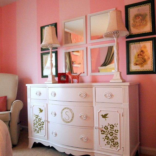 Striped Bedroom With Pink Striped Bedroom Wallpaper Furnished With White Dresser Displaying Red Framed Portrait Decoration  Stylish Dresser Design To Decorate Room Design 