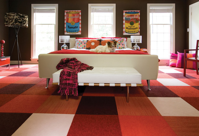 And Red Tiles Pink And Red Cheap Carpet Tiles In The Bedroom With Wide Bed And Wooden Bench Decoration  Beautiful Cheap Carpet Tiles By Maximizing Styles 