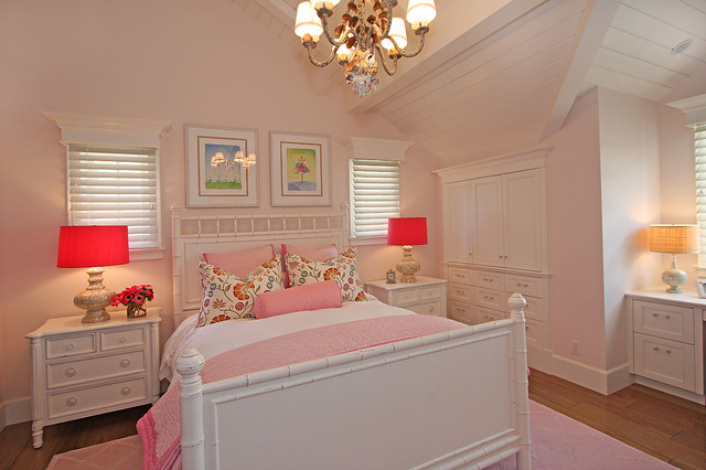 And White Kids Pink And White Bedroom For Kids Furnished With White Bedding And Dressers Displaying Red Lamps Interior Design  Unique Dressers Style For Decorating Modern Interior Design 