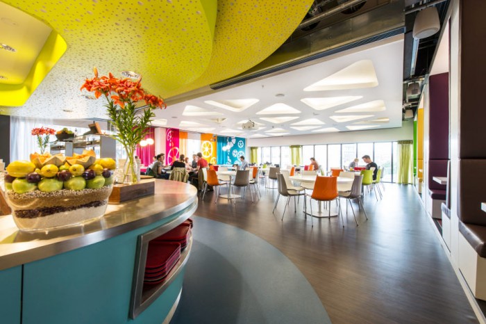 Nuance Of Dining Refreshing Nuance Of Google Office Dining In Tropical Rendering With Flowers And Fruit Employed For Decoration To Work With Colorful Interior Office  Updated Office In Uplifting Design 