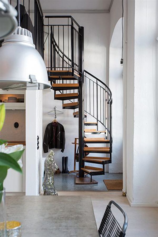 Home Interior Industrial Remarkable Home Interior Design In Industrial Loft House With Spiral Stair Landing On Glossy Floor Also Jacket Hook On White Wall Decor House Designs  Industrial Loft Interior Enlivening Charm Of Small Nordic Home 