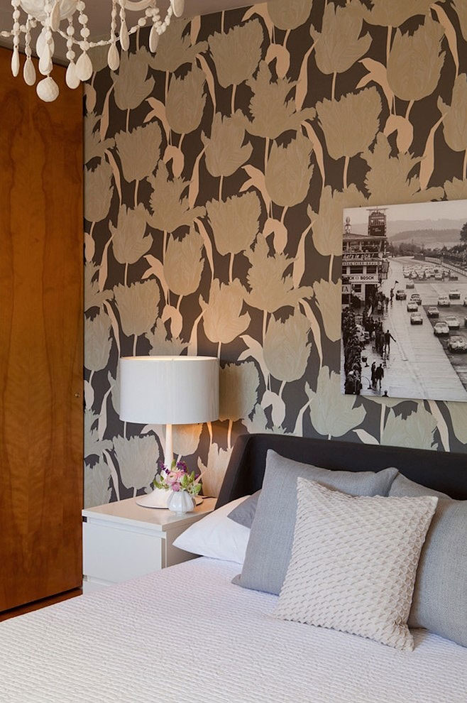Wallpaper Behind And Scenic Wallpaper Behind Modern Bed And Compact Bedside Table With Drum Table Lamp In San Francisco Midcentury Janel Holiday Interior Design House Designs  Mid Century Interior Style Combined With Wooden Decoration Model 